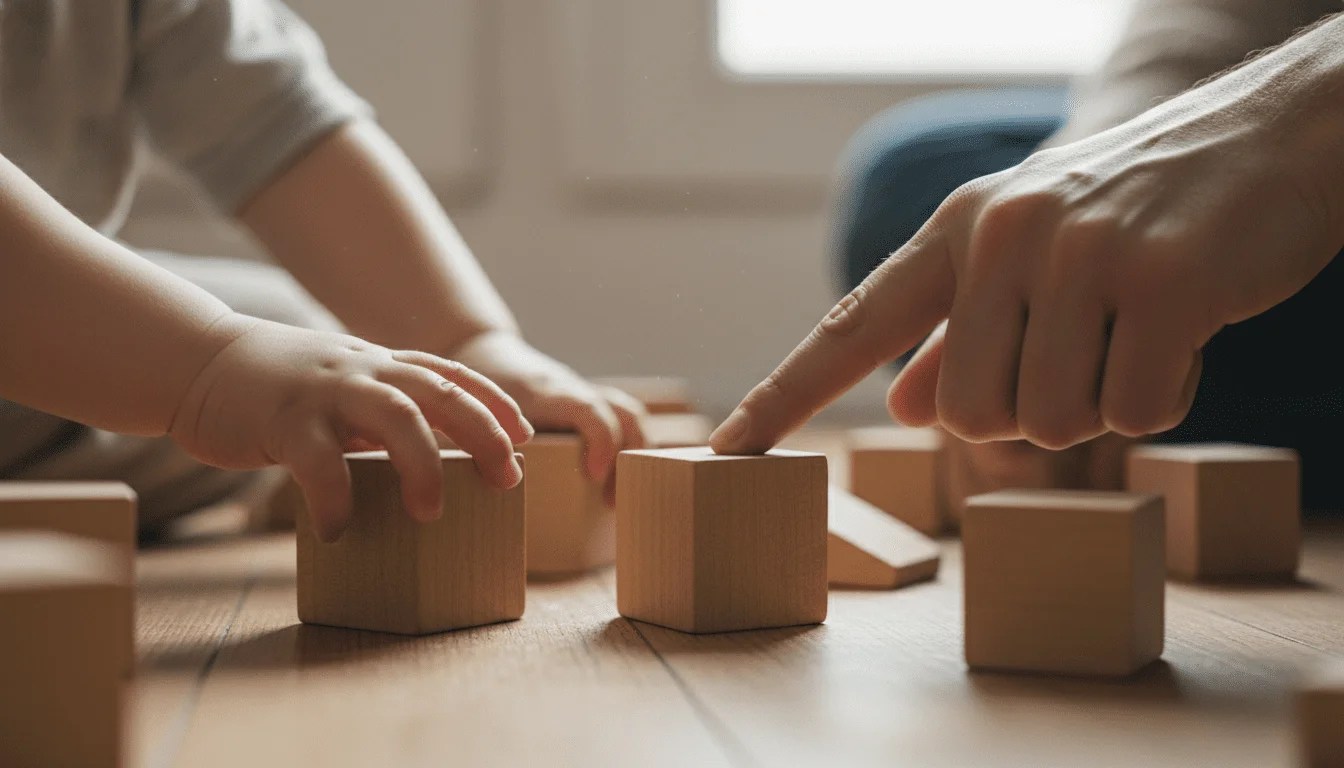 Manos de bebé y padre jugando con bloques de madera para fomentar el desarrollo motor. Manos de bebé y padre jugando con bloques de madera para fomentar el desarrollo motor.