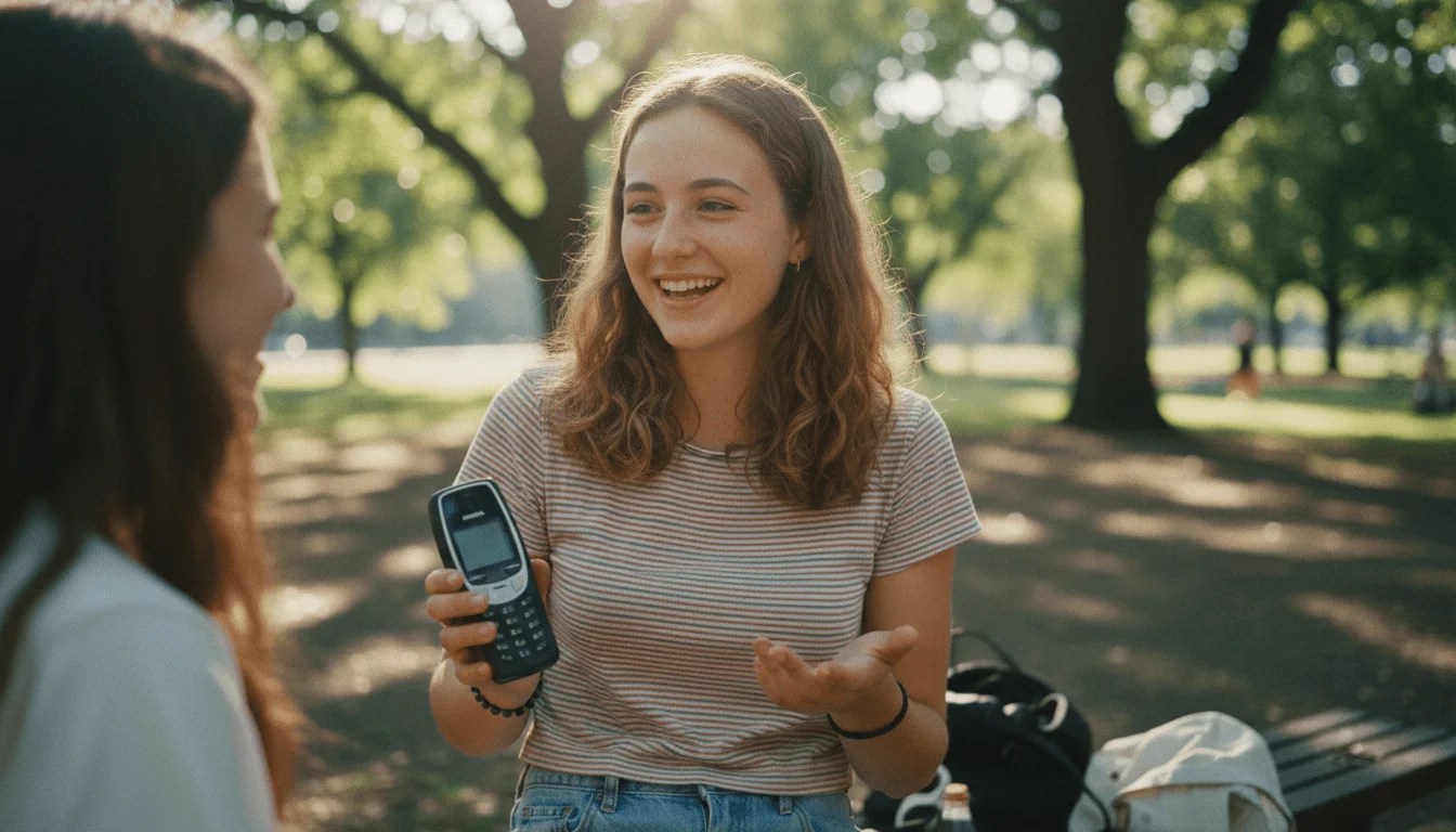 Adolescente usando un teléfono básico o dumbphone en lugar de un smartphone para comunicarse. Adolescente usando un teléfono básico o dumbphone en lugar de un smartphone para comunicarse.