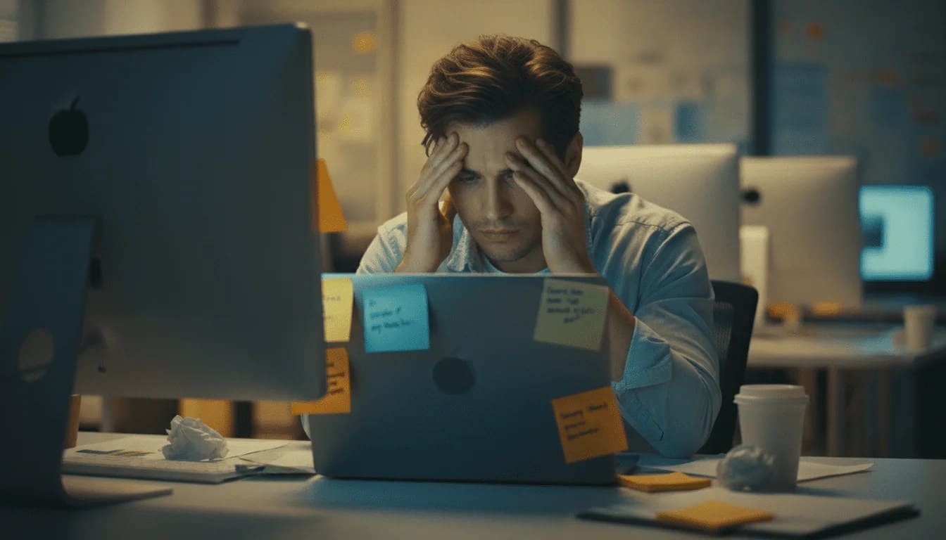 Hombre con fatiga visual y estrés frente al ordenador por falta de bienestar digital. Hombre con fatiga visual y estrés frente al ordenador por falta de bienestar digital.