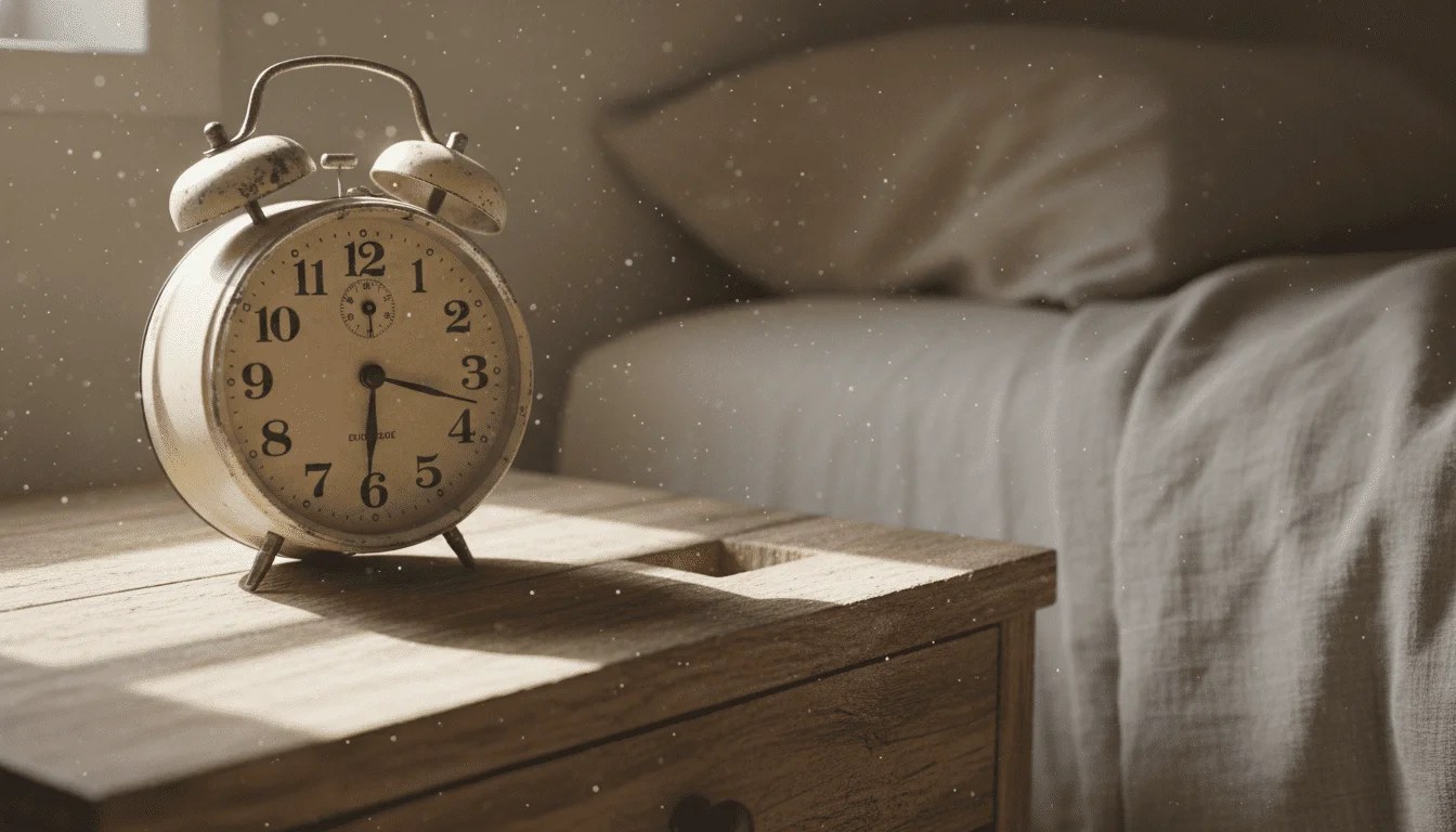 Despertador analógico en una mesita de noche sin teléfono móvil, ilustrando el kit de supervivencia contra la adicción a las pantallas. Despertador analógico en una mesita de noche sin teléfono móvil, ilustrando el kit de supervivencia contra la adicción a las pantallas.