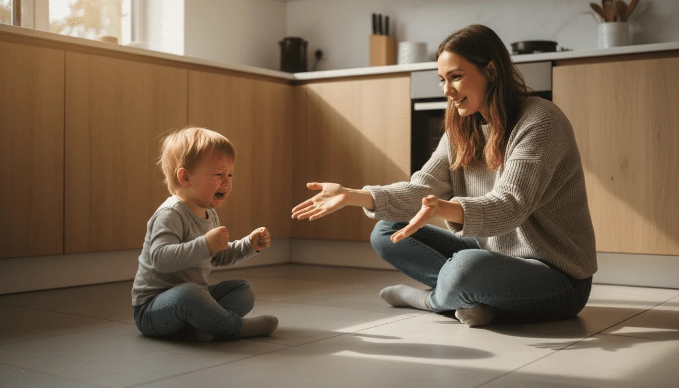 Padre consolando a un niño pequeño que llora, enseñando regulación emocional sin pantallas. Padre consolando a un niño pequeño que llora, enseñando regulación emocional sin pantallas.