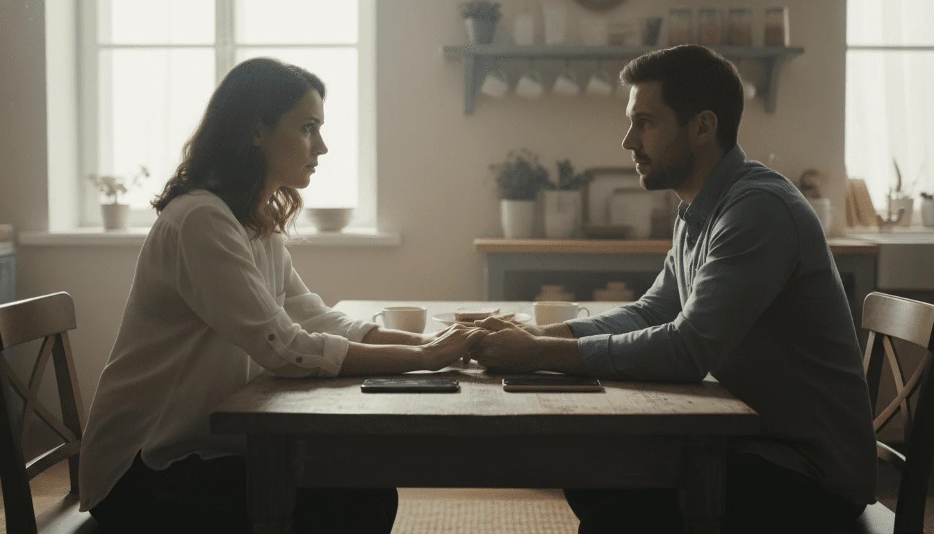 Pareja teniendo una conversación seria y honesta en la cocina con los móviles boca abajo sobre la mesa. Pareja teniendo una conversación seria y honesta en la cocina con los móviles boca abajo sobre la mesa.