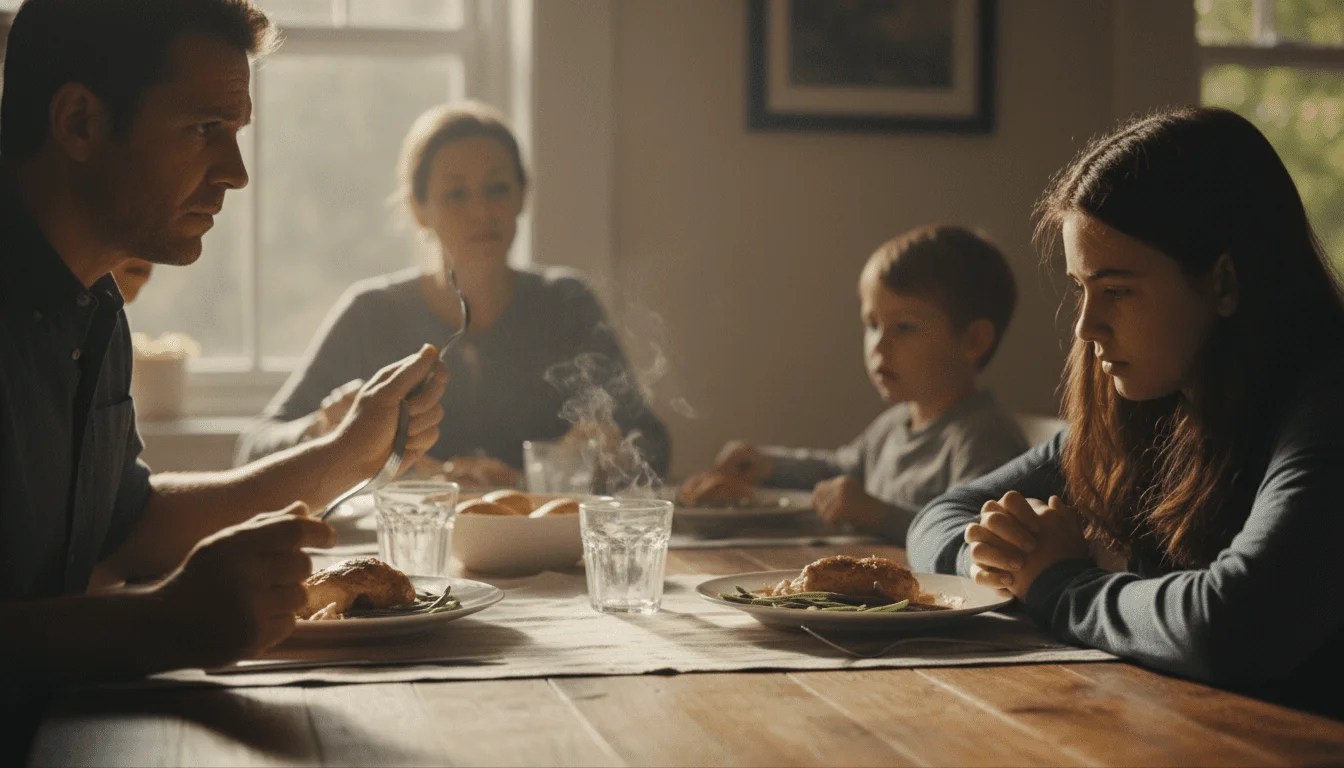 Cena familiar donde una adolescente ignora la comida y a sus padres por mirar el móvil a escondidas, mostrando el desplazamiento de actividades. Cena familiar donde una adolescente ignora la comida y a sus padres por mirar el móvil a escondidas, mostrando el desplazamiento de actividades.