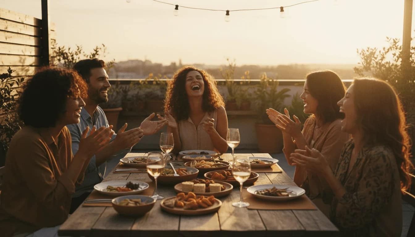 Grupo de amigos disfrutando de una cena sin teléfonos móviles, ejemplo de desconexión digital. Grupo de amigos disfrutando de una cena sin teléfonos móviles, ejemplo de desconexión digital.