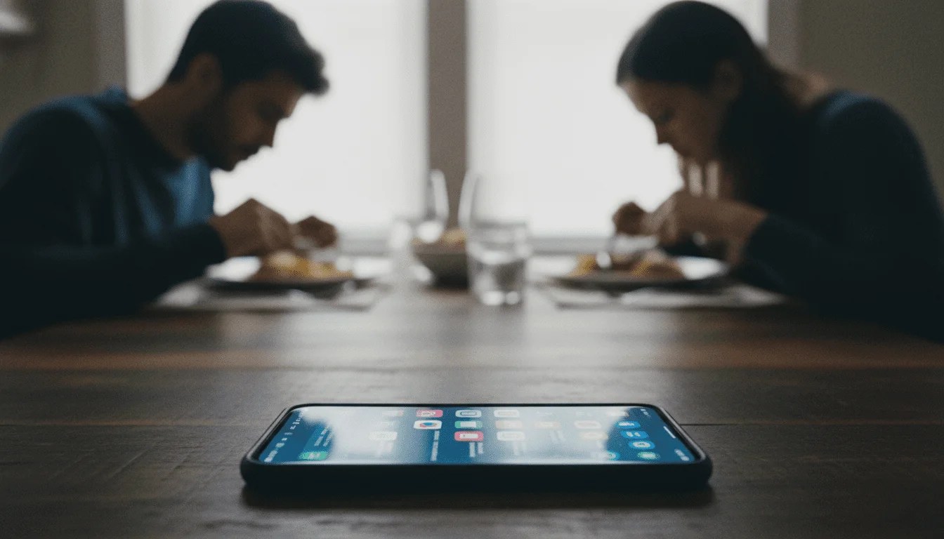 Smartphone en la mesa de cena interrumpiendo la conexión de la pareja. Smartphone en la mesa de cena interrumpiendo la conexión de la pareja.