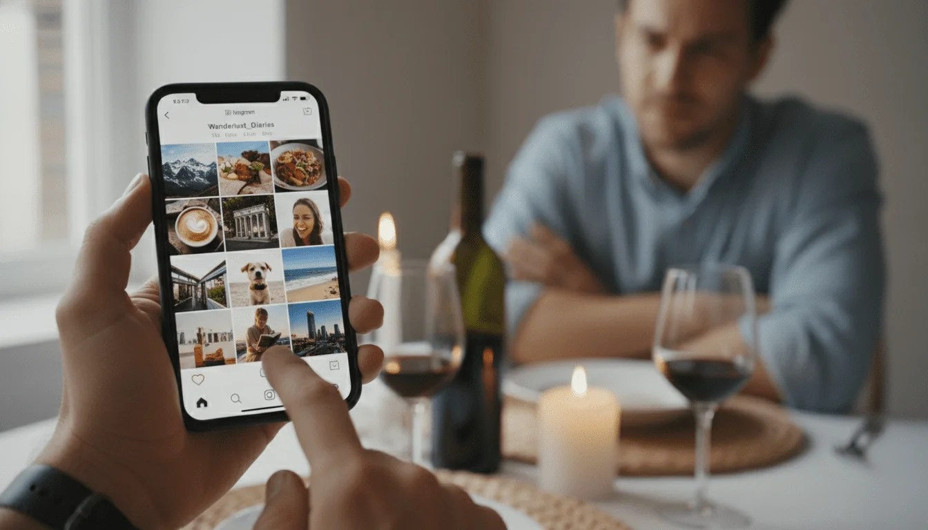 Persona a punto de dar like en Instagram mientras su pareja espera desenfocada en una cena romántica. Persona a punto de dar like en Instagram mientras su pareja espera desenfocada en una cena romántica.
