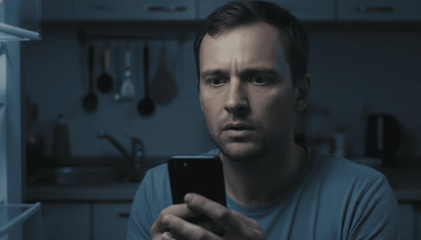 Hombre ansioso mirando el móvil en la oscuridad, ejemplo visual de monofobia significado clínico. Hombre ansioso mirando el móvil en la oscuridad, ejemplo visual de monofobia significado clínico.